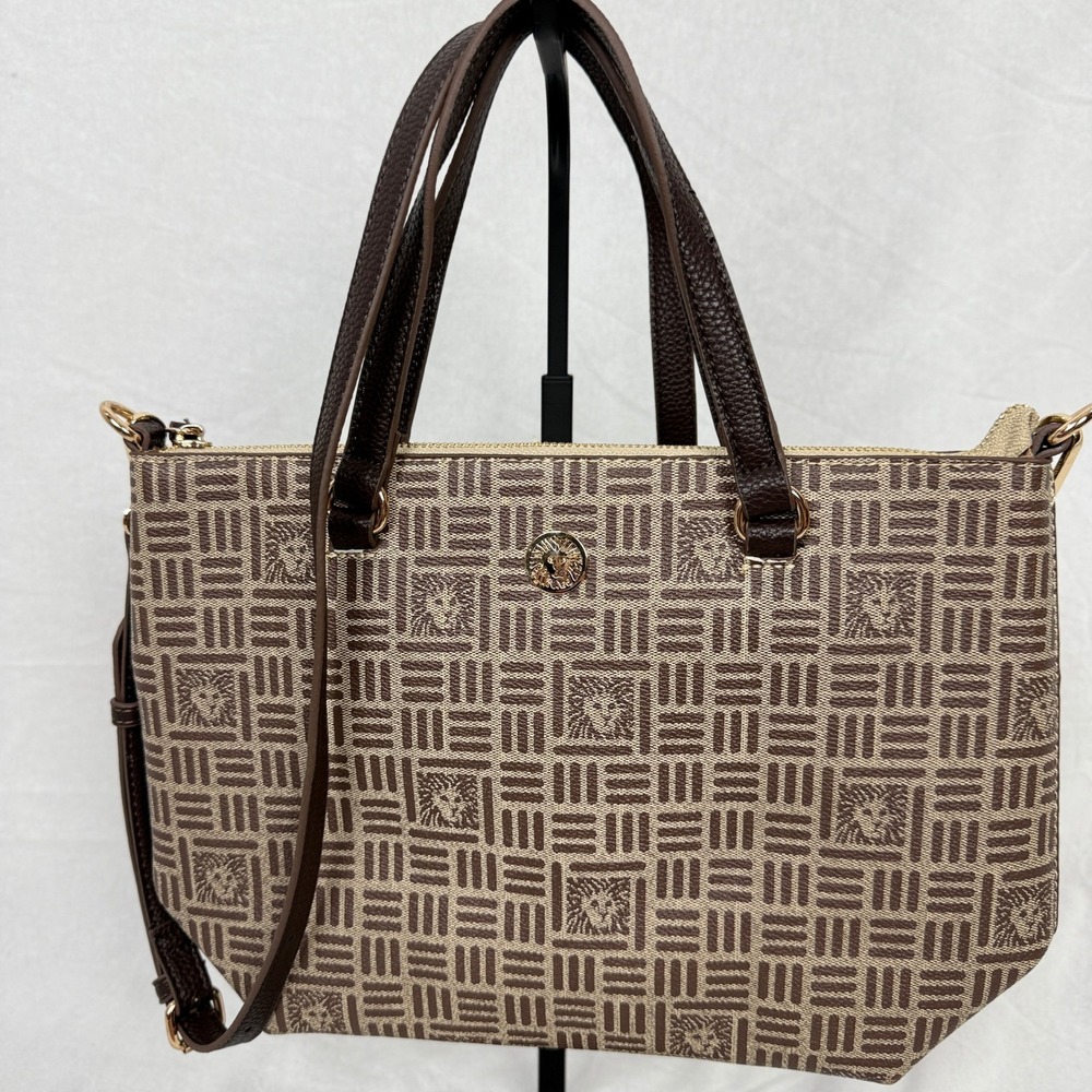 Anne‎ Klein Monogram Shoulder Bag Purse Tote Top Handle Crossbody Brown Tan Gold